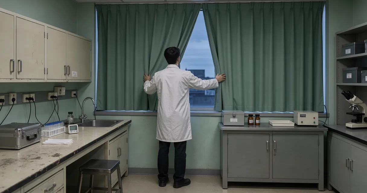 A technician drawing a green blackout curtain across a laboratory window