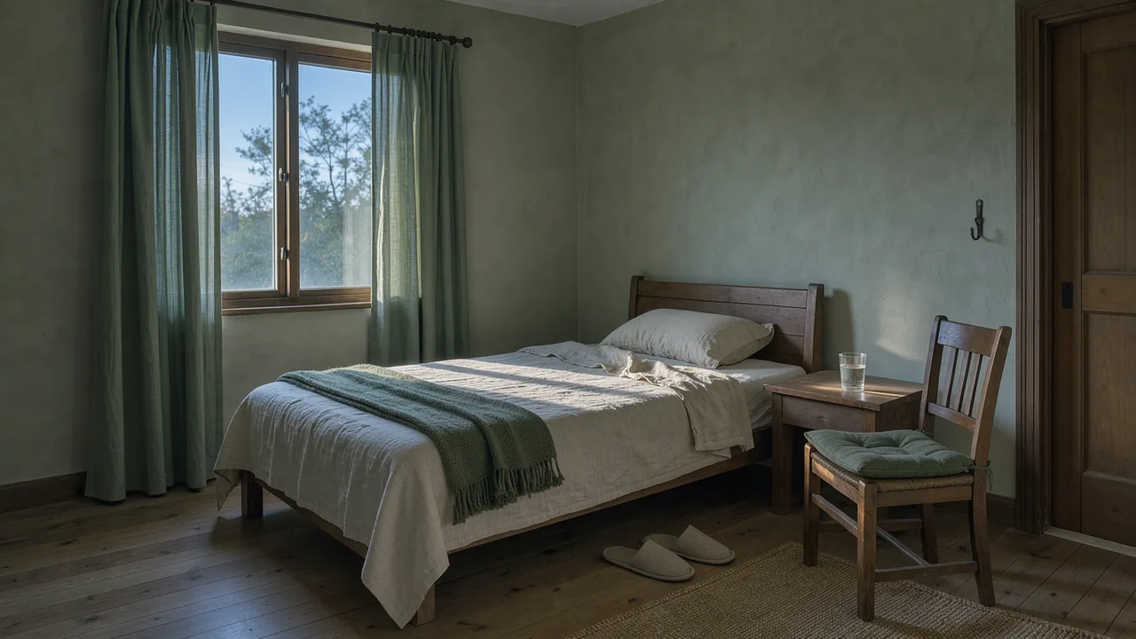 Morning light entering an empty bedroom through green curtains